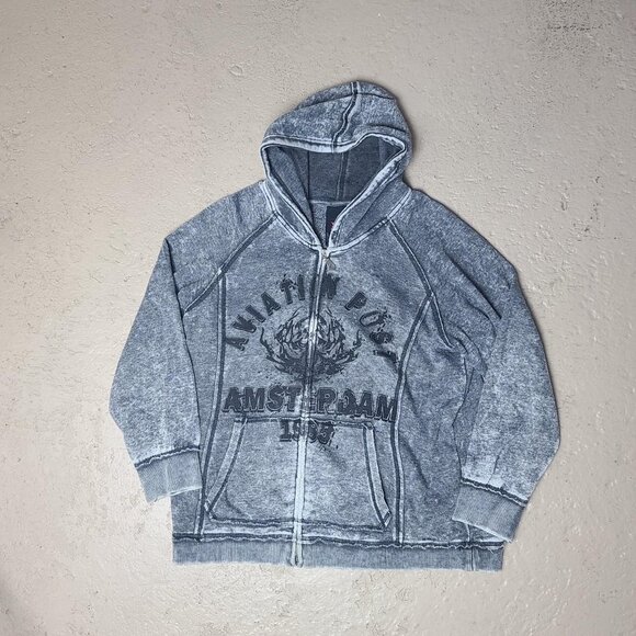 Vintage Y2K 'MXM' Amsterdam punk/grunge faded/distressed grey full-zip hoodie L - Picture 1 of 3